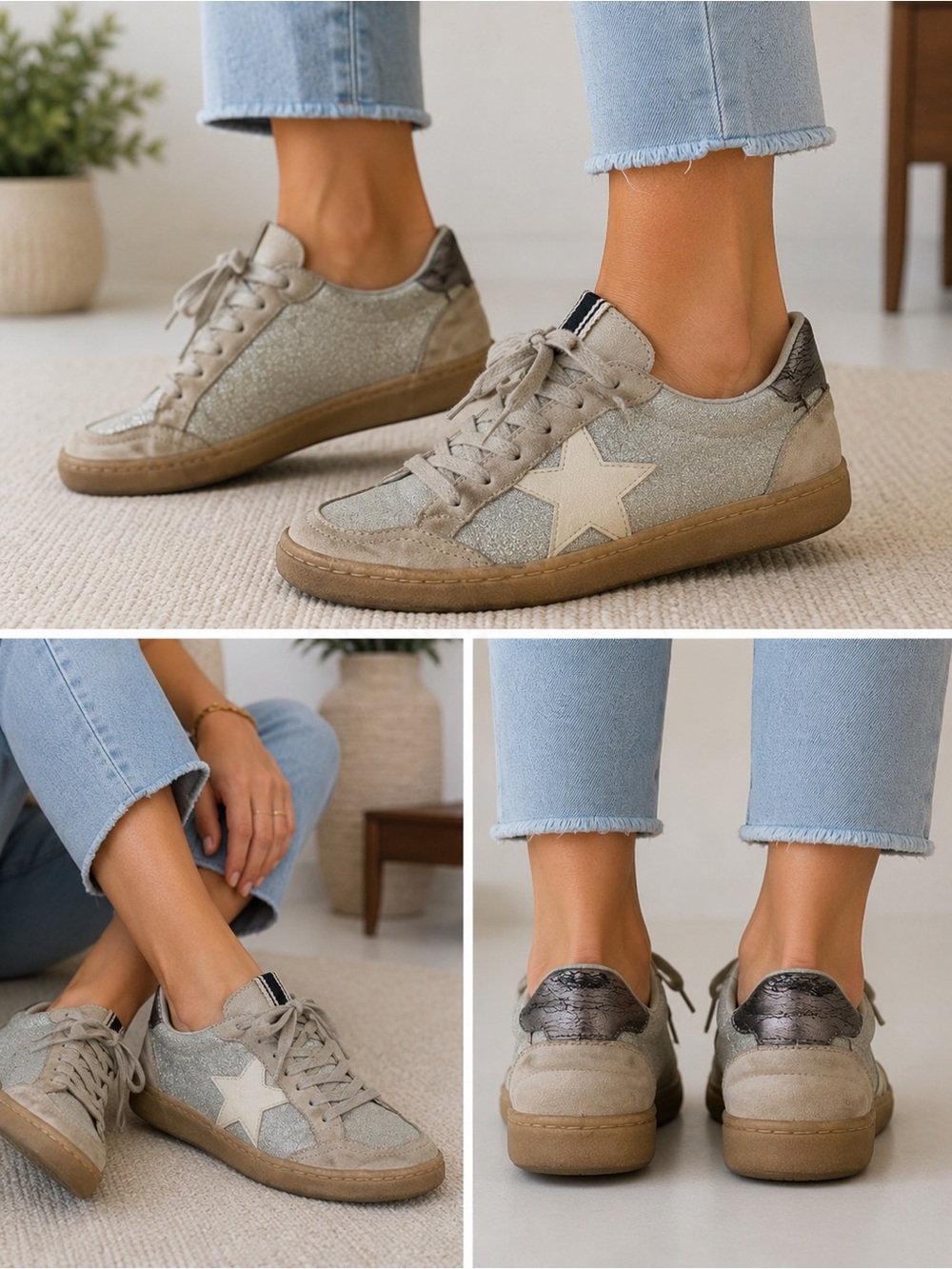 Casual Star Lace-Up Sneakers - Taupe/Beige